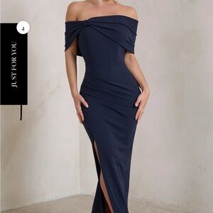 NAVY BARDOT BOW DETAIL MAXI DRESS WITH THIGH SPLIT